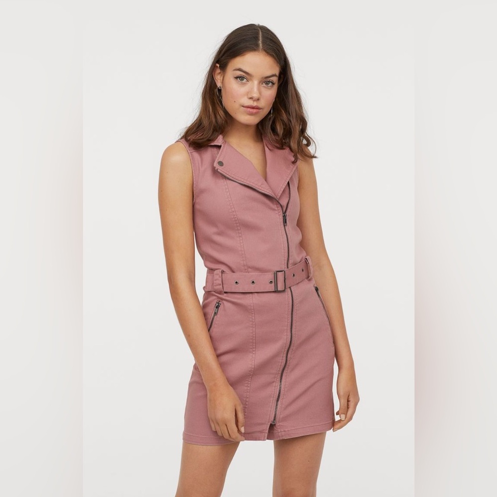 H&M Divided Pink Twill Biker Dress | Zip Front Moto Style w/ Belt